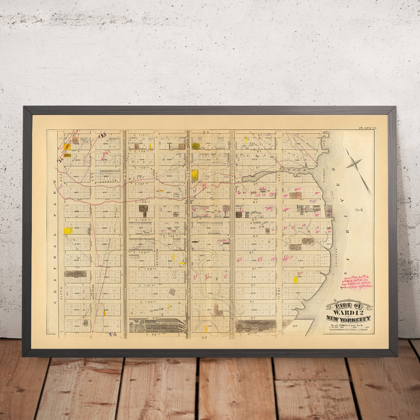 Old Map of Upper East Side, NYC, 1879: East 98th to East 110th St, Knickerbocker Gas Works and Original Farm Lines
