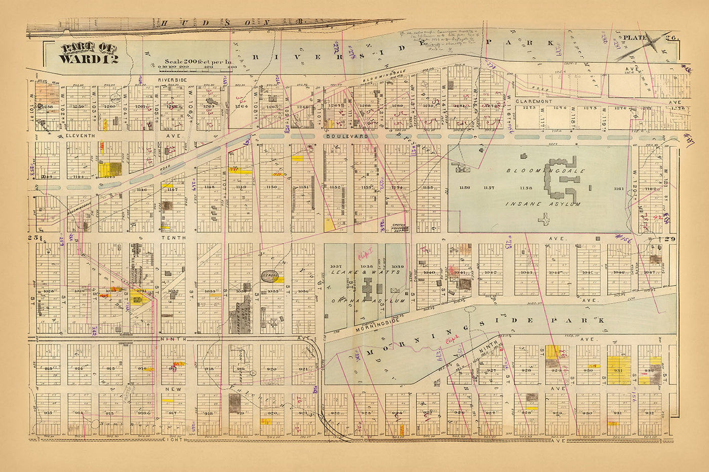 Old Map of Harlem, NYC by Bromley, 1879: Morningside Heights, Riverside Park, Leake & Watts Orphan Asylum, Bloomingdale Insane Asylum