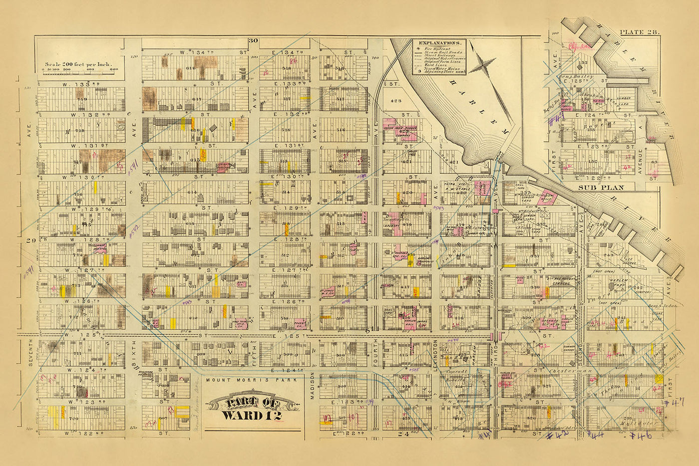 Ancienne carte de Harlem, NYC par Bromley, 1879 : Parc Mount Morris, rivière Harlem, avenues 1-7 