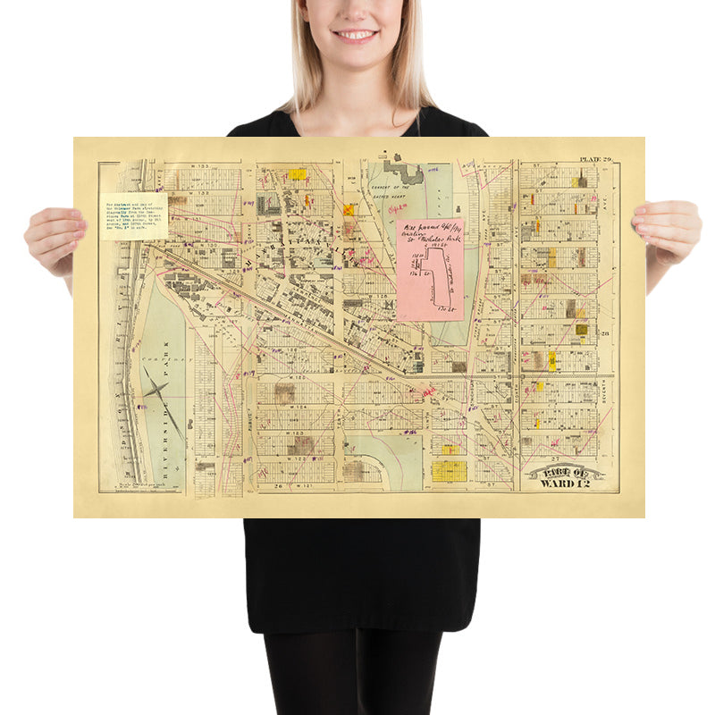 Mappa antica di Harlem, NYC di Bromley, 1879: Riverside Park, Convento, Broadway, Ferrovie, Amsterdam Ave 