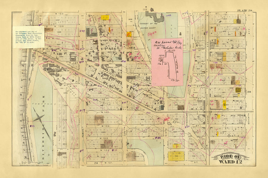 Mappa antica di Harlem, NYC di Bromley, 1879: Riverside Park, Convento, Broadway, Ferrovie, Amsterdam Ave 