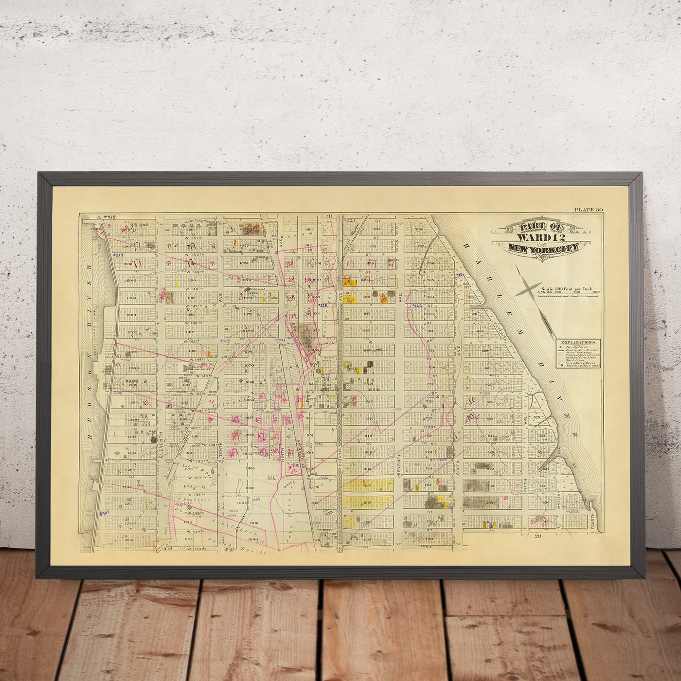 Mapa antiguo de Harlem, NYC por Bromley, 1879: Distrito 12, de West 130 a West 151 St, Río Hudson, Río Harlem, Broadway, Parques 