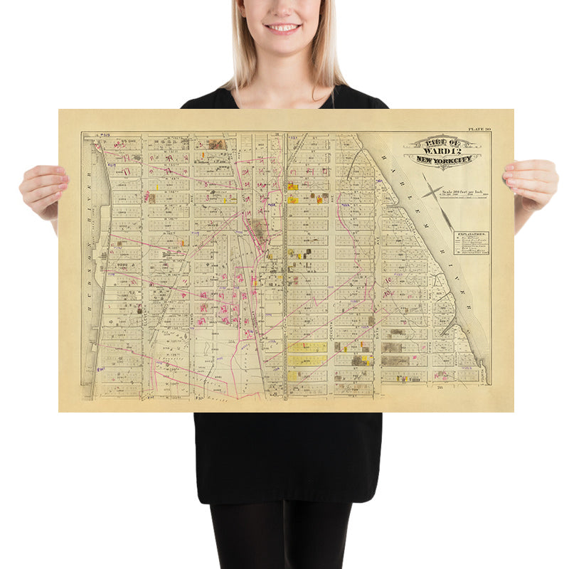 Mapa antiguo de Harlem, NYC por Bromley, 1879: Distrito 12, de West 130 a West 151 St, Río Hudson, Río Harlem, Broadway, Parques 