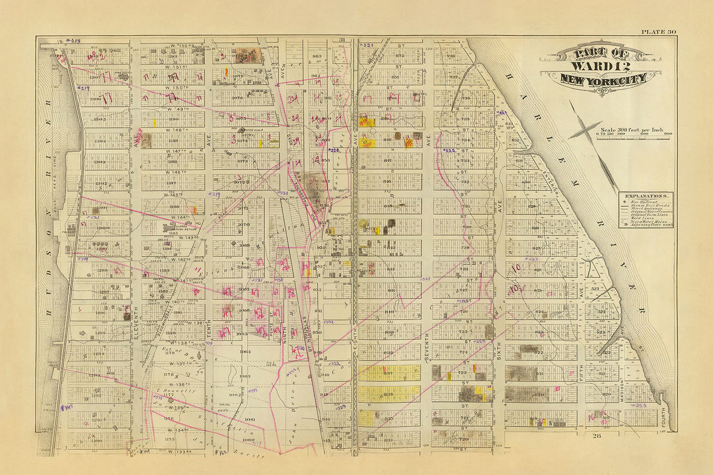 Mapa antiguo de Harlem, NYC por Bromley, 1879: Distrito 12, de West 130 a West 151 St, Río Hudson, Río Harlem, Broadway, Parques 
