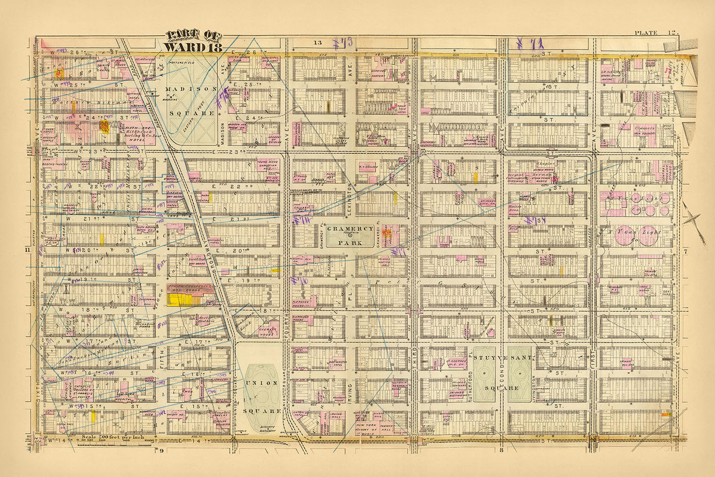 Old Map of New York City's Ward 18 by Bromley, 1879: Madison Square, Gramercy Park, Stuyvesant Square, Union Square, Tammany Hall