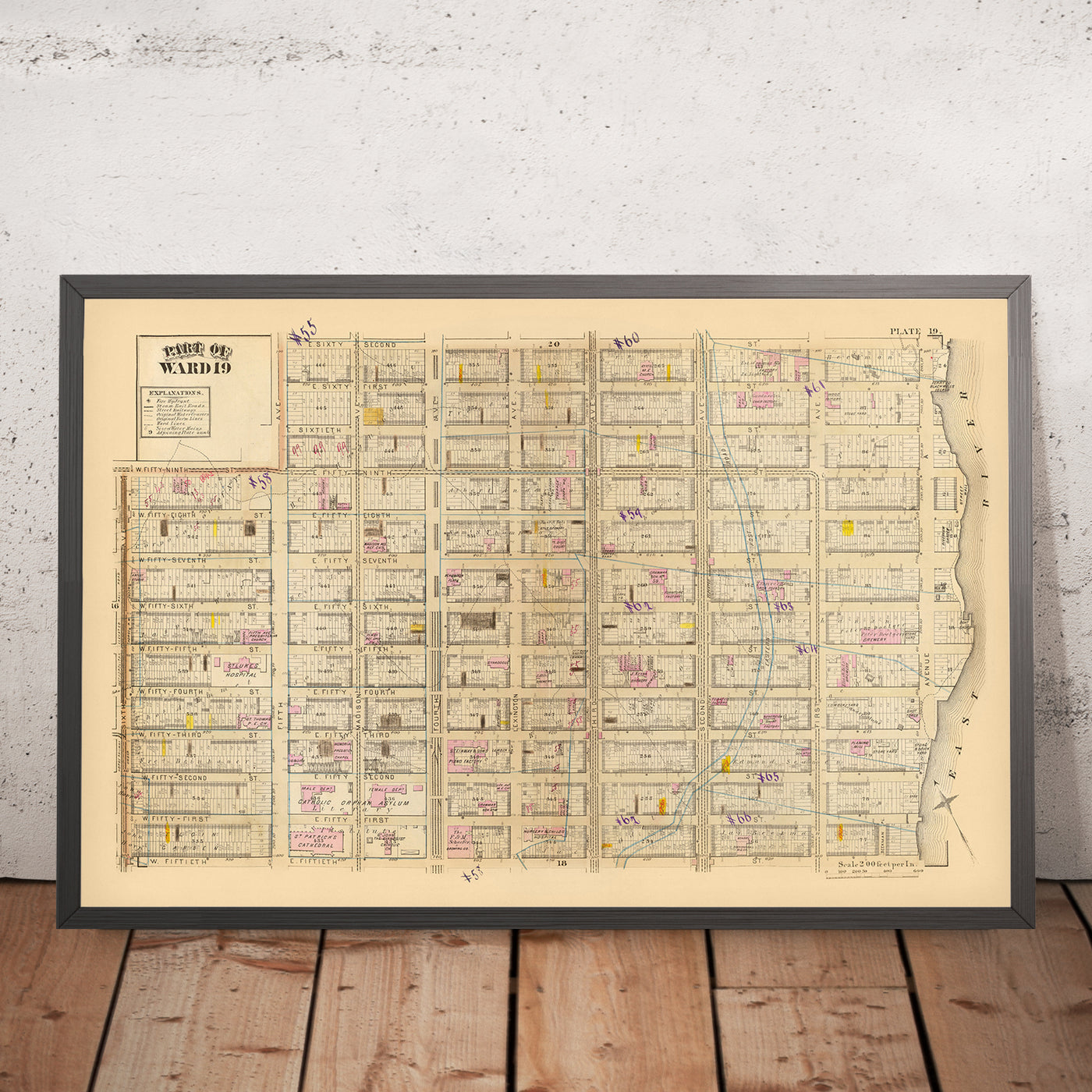 Old Map of Midtown East, NYC, 1879: St. Luke's Hospital, St. Patrick's Cathedral, Steinway & Sons Piano Factory, Ward 19