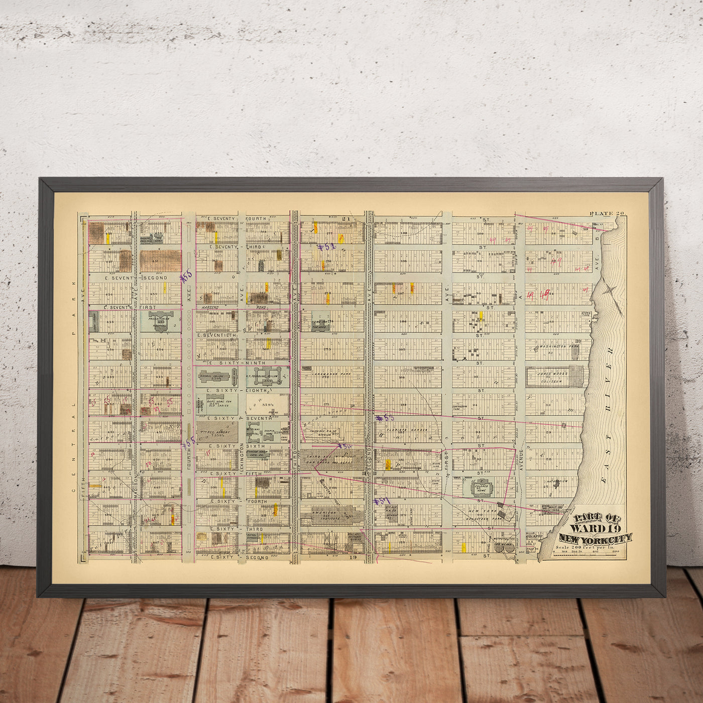 Mapa antiguo del Upper East Side y Lenox Hill, Nueva York 1879: Biblioteca, Hospital Presbiteriano, Asilo de Expósitos de Nueva York, 7.º Reg. Arsenal