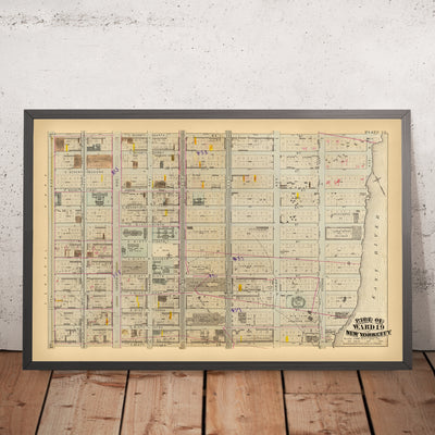 Mapa antiguo del Upper East Side y Lenox Hill, Nueva York 1879: Biblioteca, Hospital Presbiteriano, Asilo de Expósitos de Nueva York, 7.º Reg. Arsenal