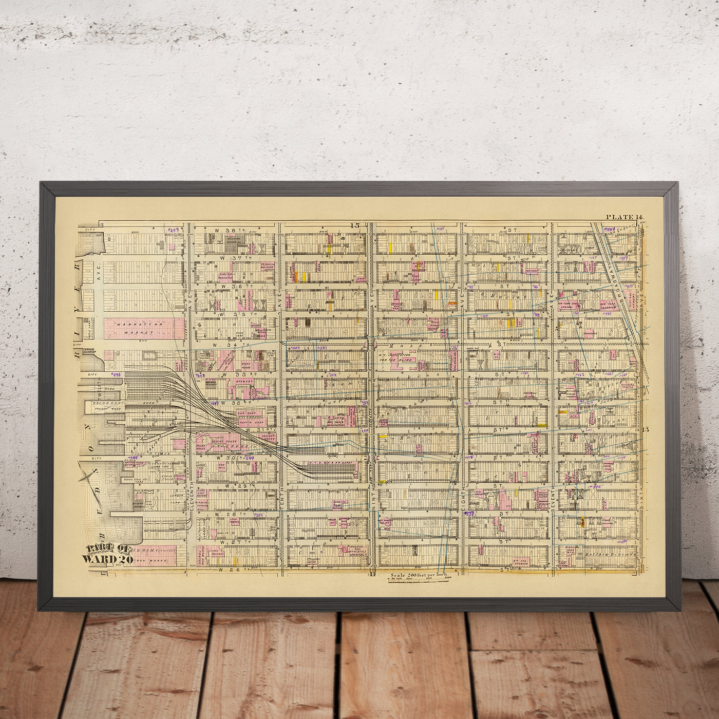 Ancienne carte du quartier 20, New York, 1879 : Garment District, New York Central et Hudson River Freight Yard, Manhattan Market, New York Aquarium