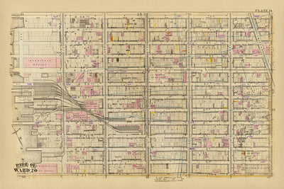 Ancienne carte du quartier 20, New York, 1879 : Garment District, New York Central et Hudson River Freight Yard, Manhattan Market, New York Aquarium