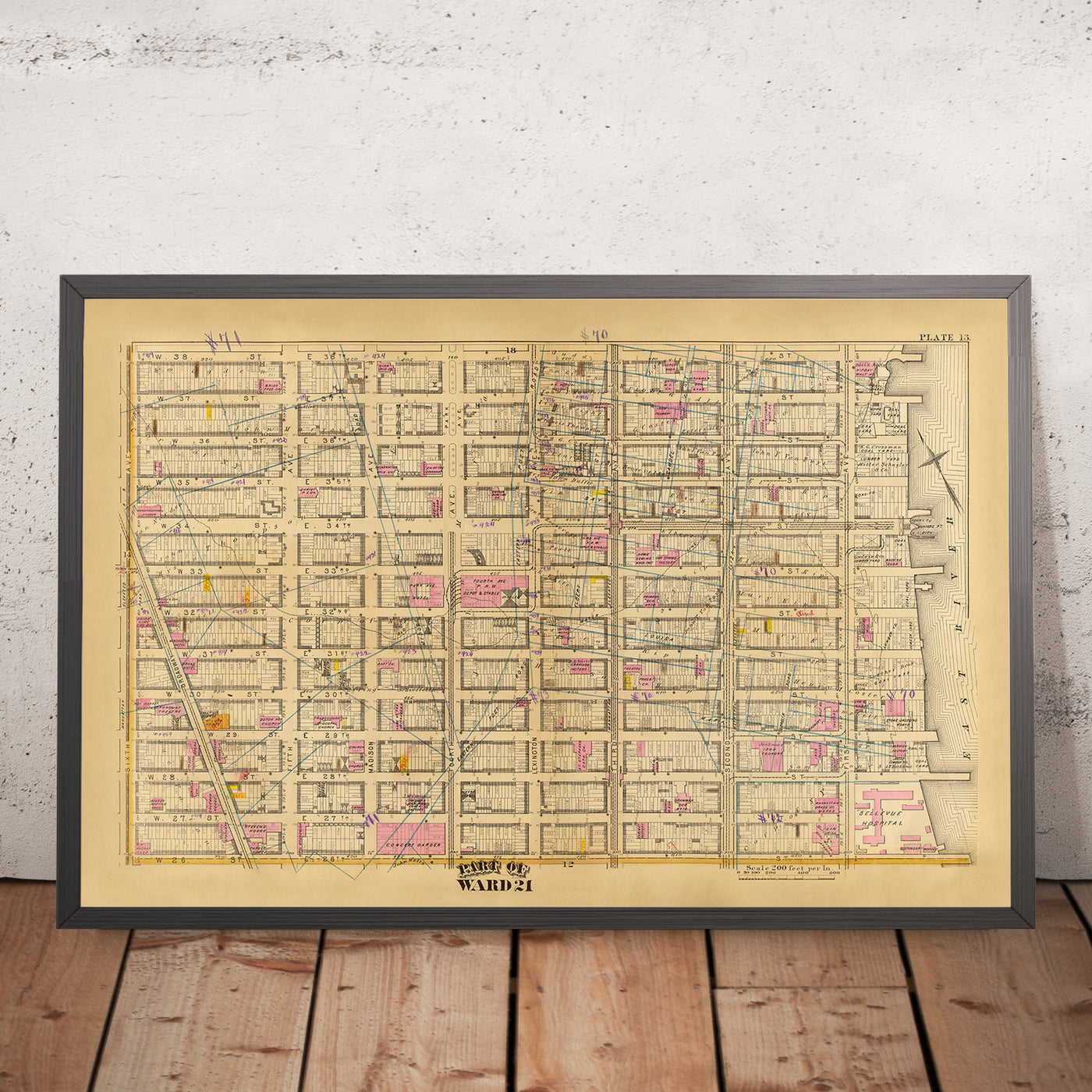 Mapa antiguo del distrito 21, Nueva York, de Bromley, 1879: Bellevue Hospital, Concert Garden y 33rd Street Station.