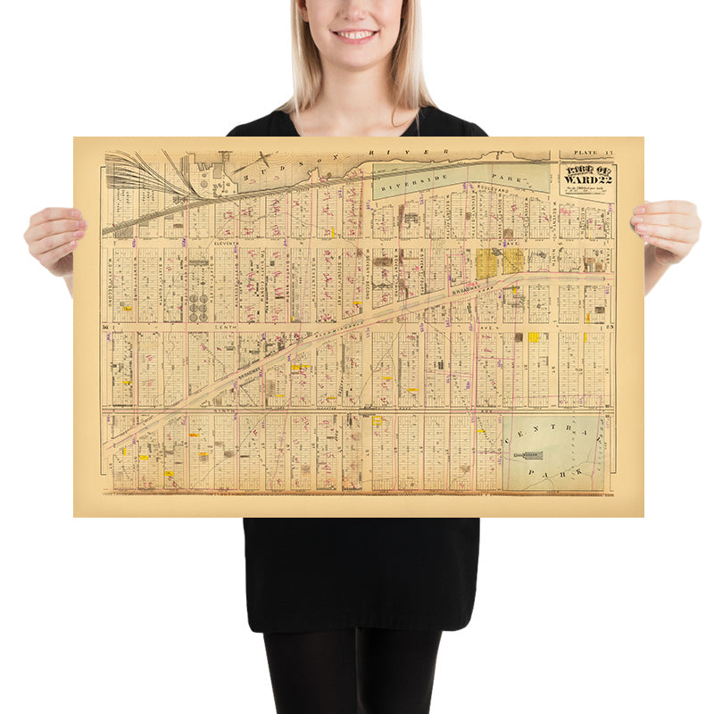 Old Map of Upper West Side, NYC, 1879: Central Park, Riverside Park, Broadway, Ward 22