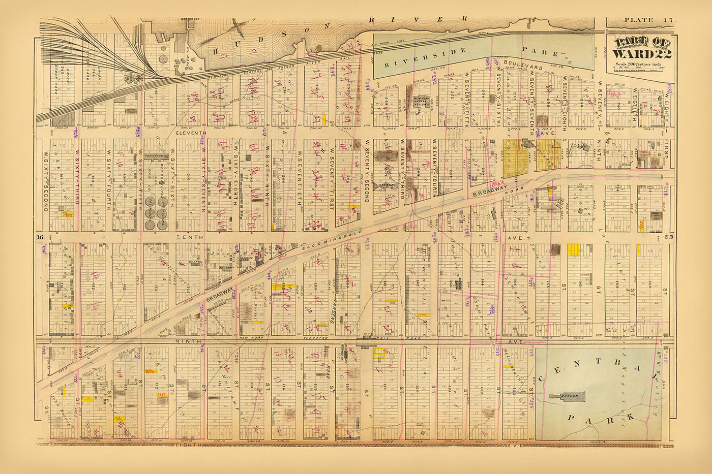 Old Map of Upper West Side, NYC, 1879: Central Park, Riverside Park, Broadway, Ward 22