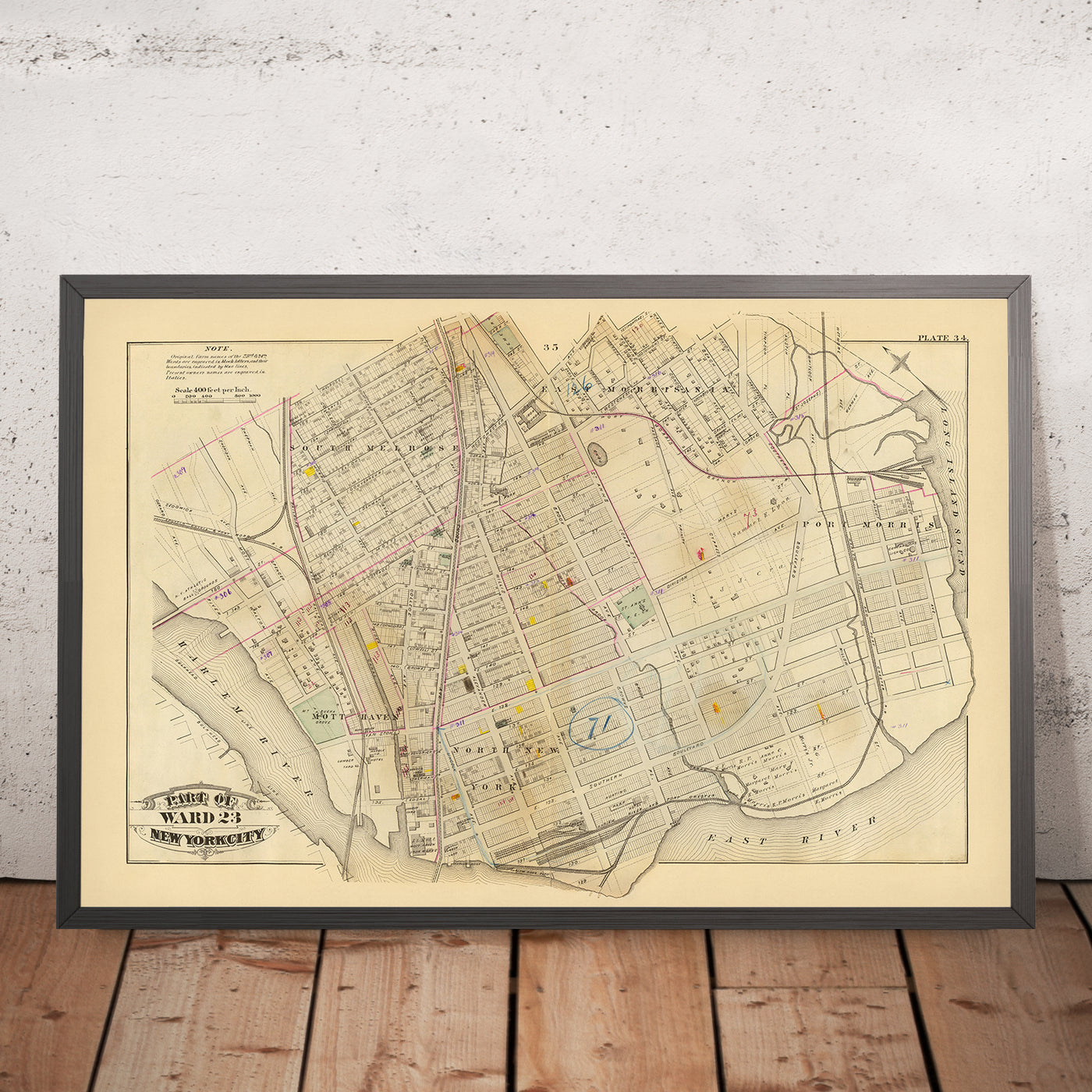 Ancienne carte du Bronx, NYC par Bromley, 1879 : South Melrose, Mott Haven, St. Mary's Park, East River, chemins de fer 