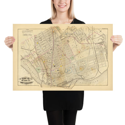 Ancienne carte du Bronx, NYC par Bromley, 1879 : South Melrose, Mott Haven, St. Mary's Park, East River, chemins de fer 