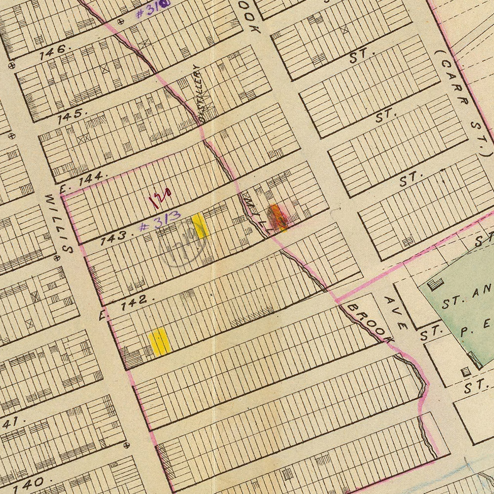 Ancienne carte du Bronx, NYC par Bromley, 1879 : South Melrose, Mott Haven, St. Mary's Park, East River, chemins de fer 