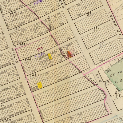 Ancienne carte du Bronx, NYC par Bromley, 1879 : South Melrose, Mott Haven, St. Mary's Park, East River, chemins de fer 