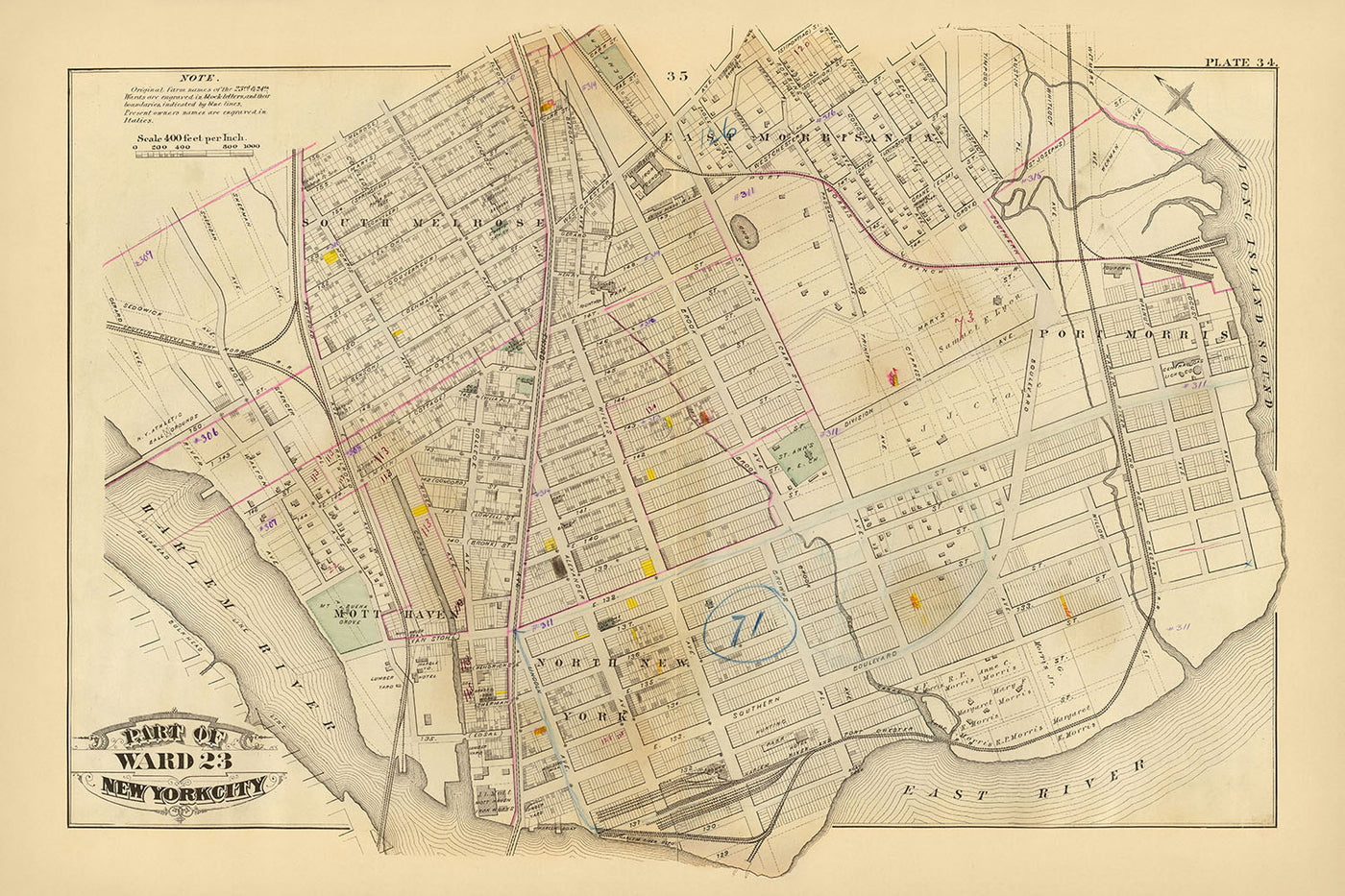 Ancienne carte du Bronx, NYC par Bromley, 1879 : South Melrose, Mott Haven, St. Mary's Park, East River, chemins de fer 