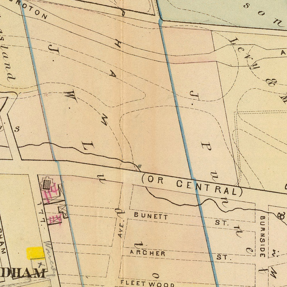 Ancienne carte du Bronx, NYC par Bromley, 1879 : South Fordham, Mount Hope, Upper Morrisania, Fordham, rivière Harlem 