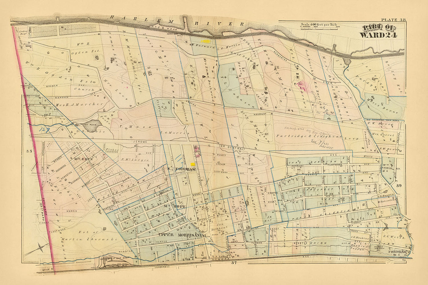Ancienne carte du Bronx, NYC par Bromley, 1879 : South Fordham, Mount Hope, Upper Morrisania, Fordham, rivière Harlem 