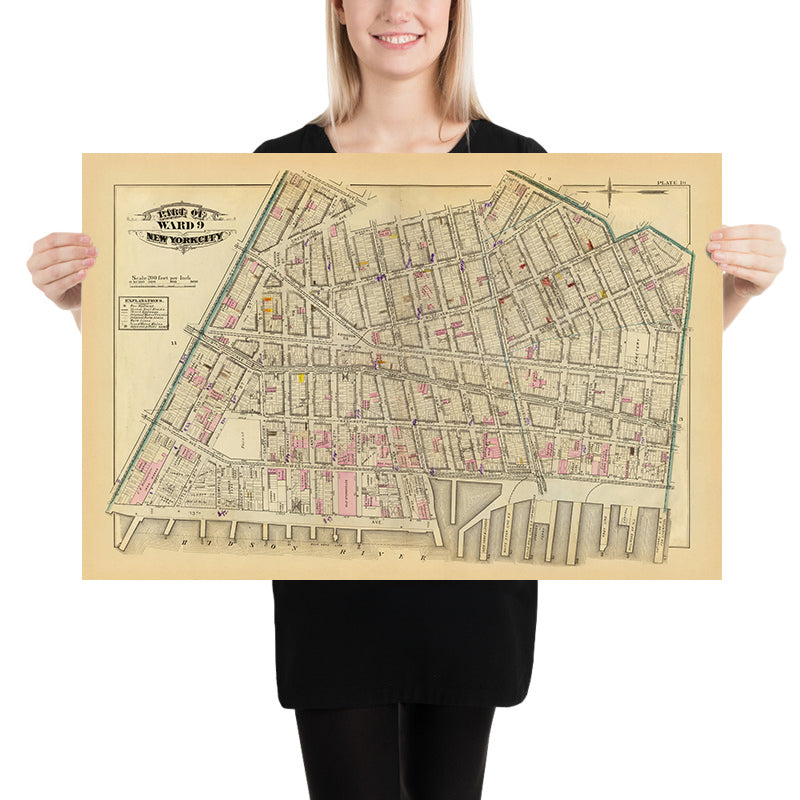 Mapa antiguo de West Village, Nueva York, 1879: Bleecker, 9th 10th Ave, Abingdon Square y Jackson Square