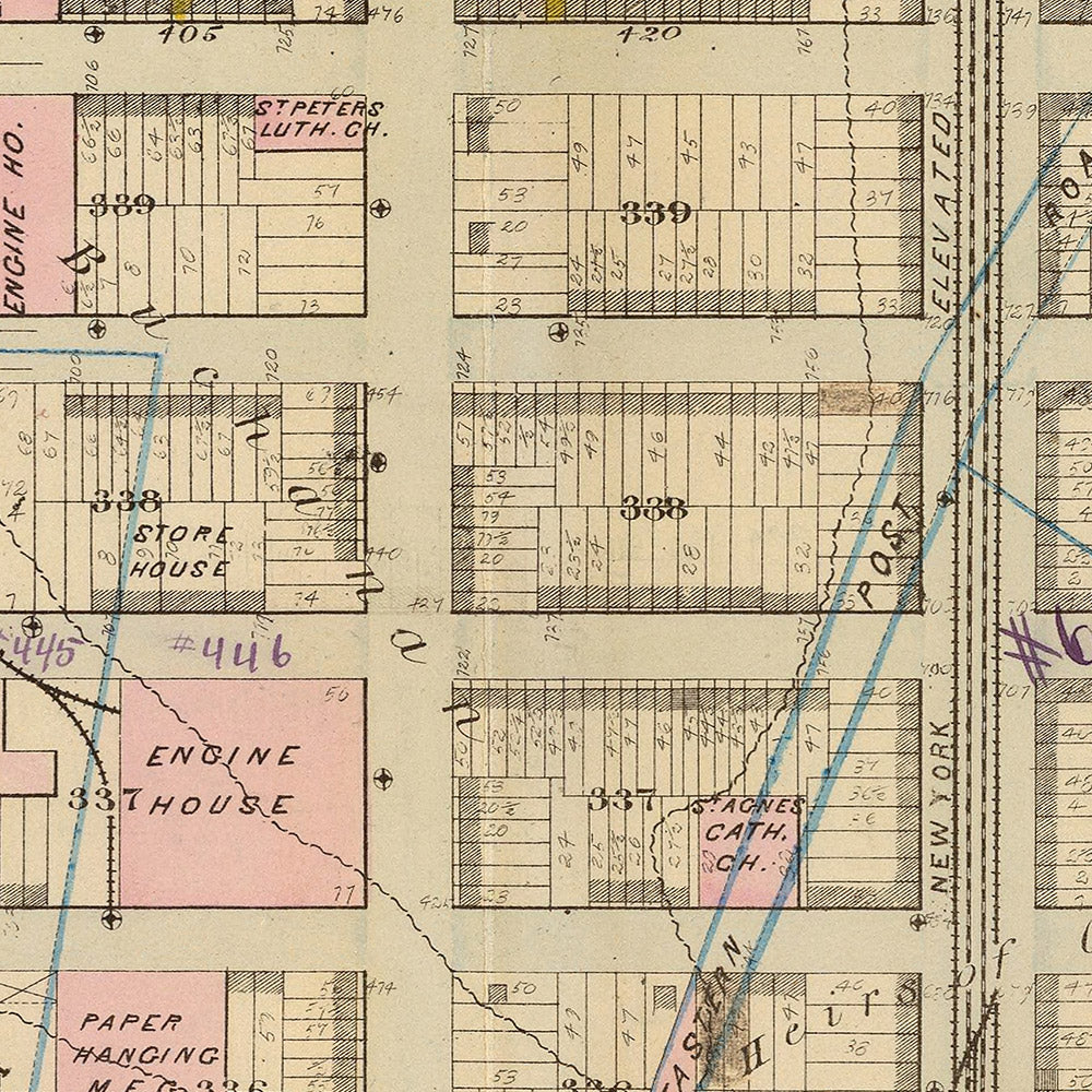 Mapa antiguo de Midtown, Nueva York por Bromley, 1879: Grand Central Terminal, Reservoir Square, West 38th hasta West 50th Street