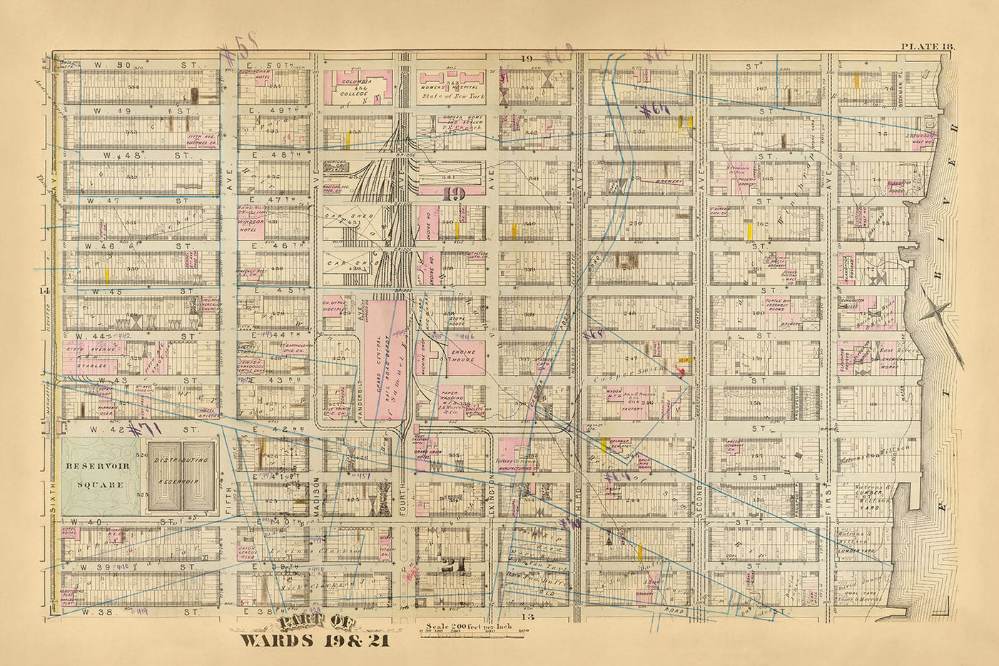 Mapa antiguo de Midtown, Nueva York por Bromley, 1879: Grand Central Terminal, Reservoir Square, West 38th hasta West 50th Street