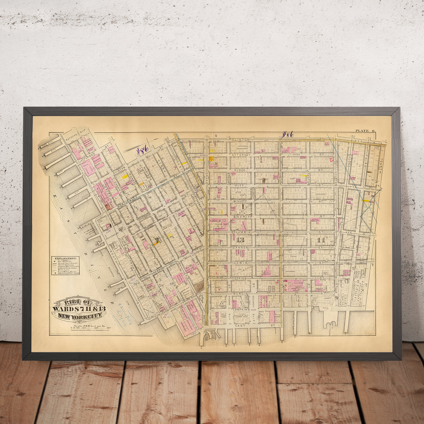Mapa antiguo del Lower East Side, Nueva York, 1879: con Rutgers Slip, Governeur Slip, Union Market