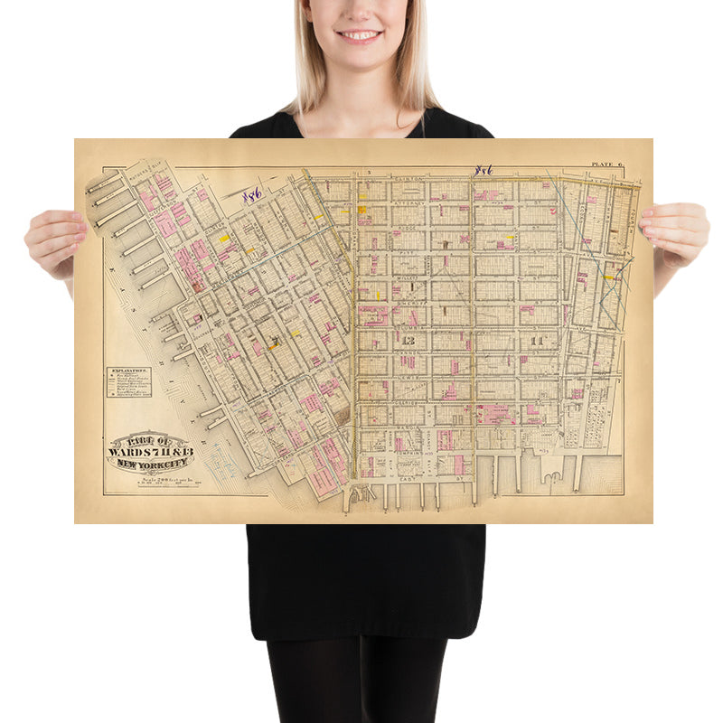 Mapa antiguo del Lower East Side, Nueva York, 1879: con Rutgers Slip, Governeur Slip, Union Market