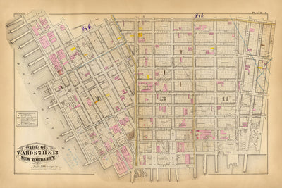 Mapa antiguo del Lower East Side, Nueva York, 1879: con Rutgers Slip, Governeur Slip, Union Market