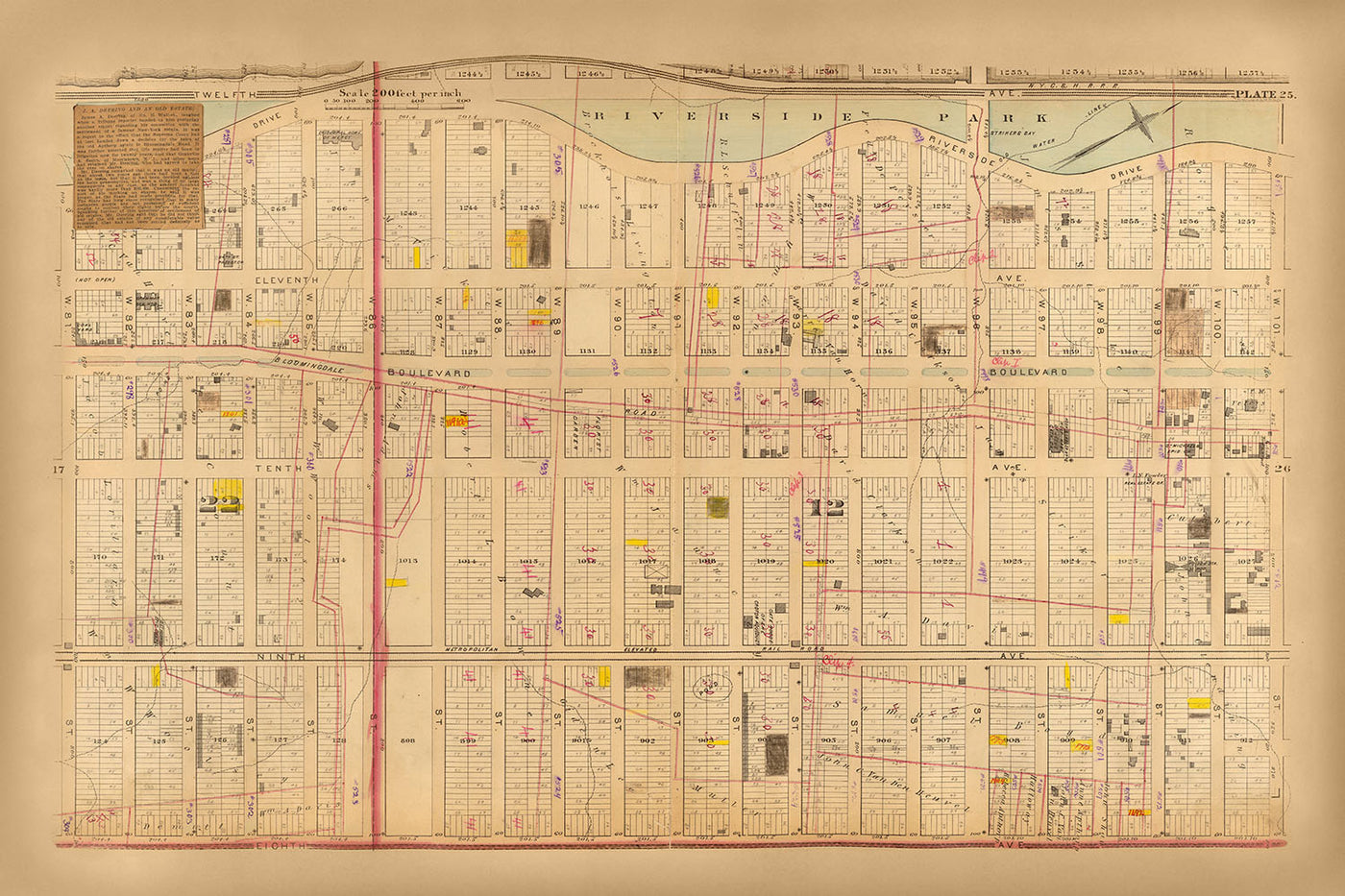 Alte Karte des Upper West Side, NYC, 1879: Riverside Park, West 81. bis West 101. Straße 
