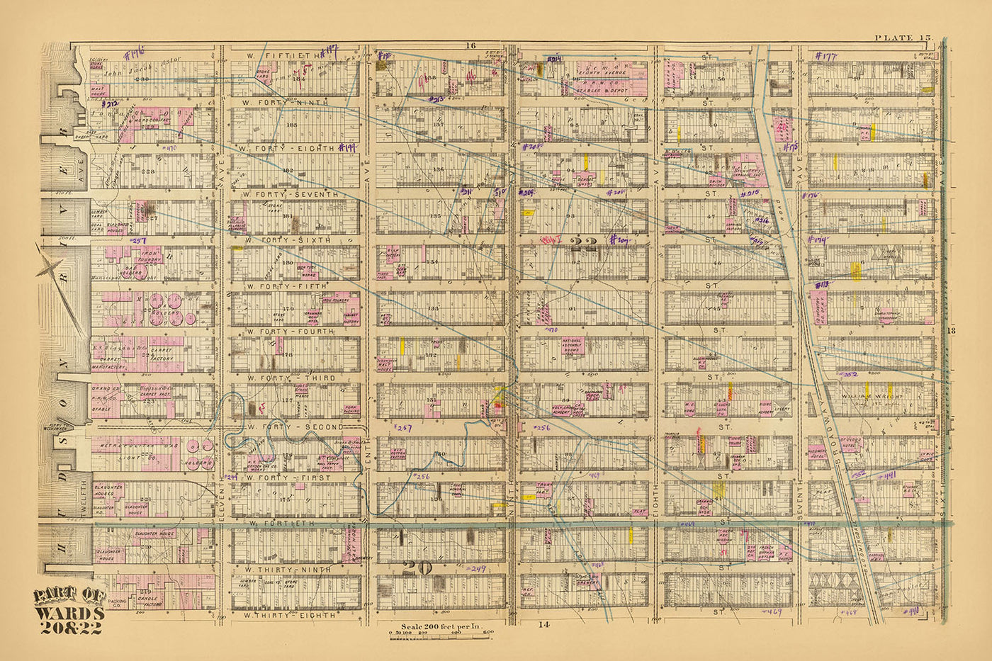 Alte Karte des Theaterdistrikts, New York City, 1879: Times Square, Fähre nach Weehawken, 42nd Street Station, West 38-50th St, Broadway 