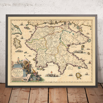 Old Map of Peloponnese, Greece by Visscher, 1690: Patras, Zakinthos, Kalamata, Nafplion, Saronic Islands