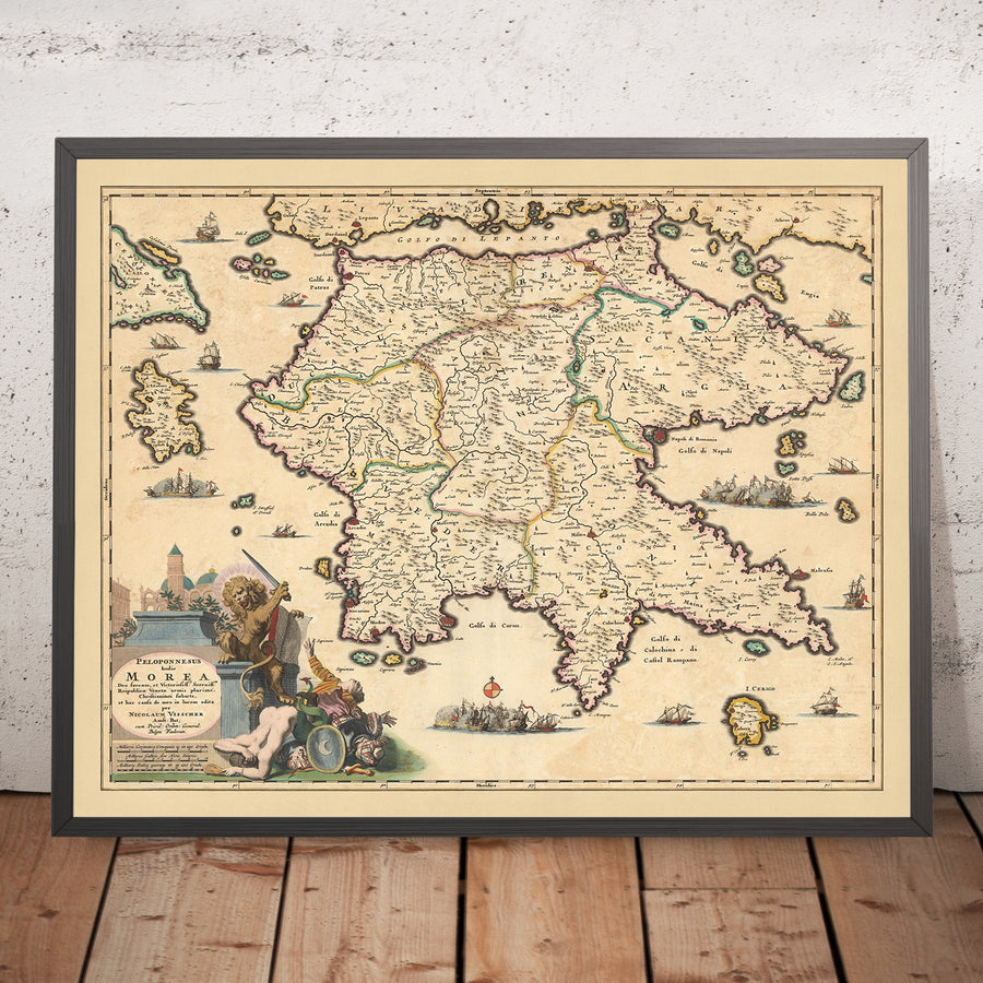 Vecchia mappa del Peloponneso, Grecia di Visscher, 1690: Patrasso, Zante, Kalamata, Nafplio, Isole Saroniche 