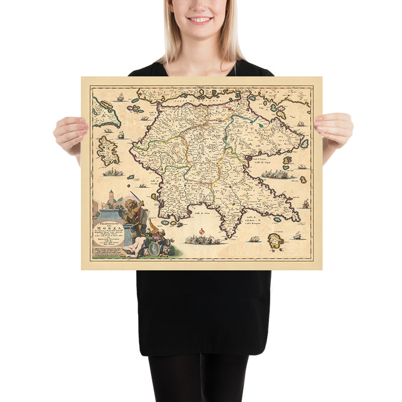 Vecchia mappa del Peloponneso, Grecia di Visscher, 1690: Patrasso, Zante, Kalamata, Nafplio, Isole Saroniche 