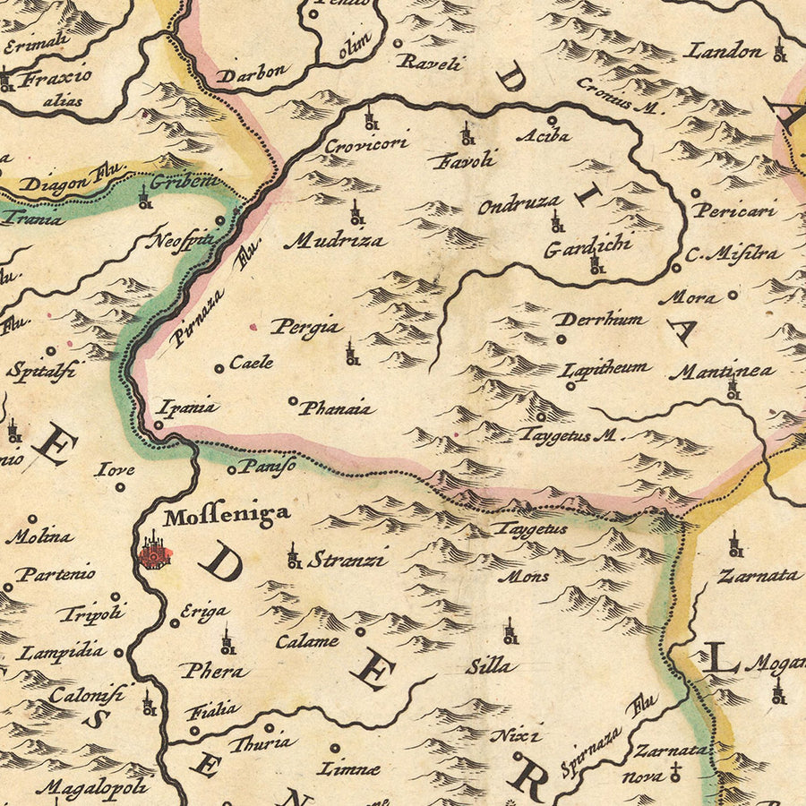 Vecchia mappa del Peloponneso, Grecia di Visscher, 1690: Patrasso, Zante, Kalamata, Nafplio, Isole Saroniche 