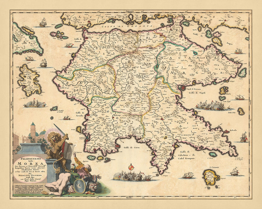 Vecchia mappa del Peloponneso, Grecia di Visscher, 1690: Patrasso, Zante, Kalamata, Nafplio, Isole Saroniche 