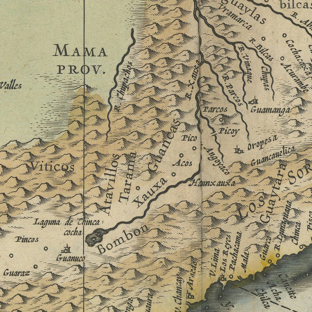 Ancienne carte du Pérou par Blaeu, 1630 : Lima, Andes, monstres marins, rose des vents, cartouche décorative