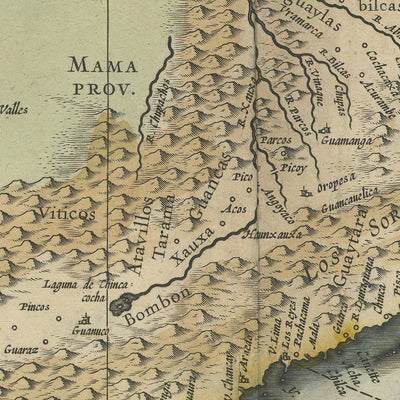 Ancienne carte du Pérou par Blaeu, 1630 : Lima, Andes, monstres marins, rose des vents, cartouche décorative