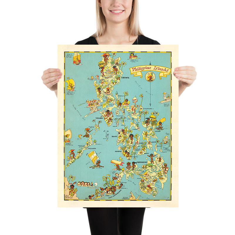 Old Map of the Philippines by Ruth Taylor White, 1935: Manila, Luzon, Samar, Mindanao, and the Sulu Archipelago