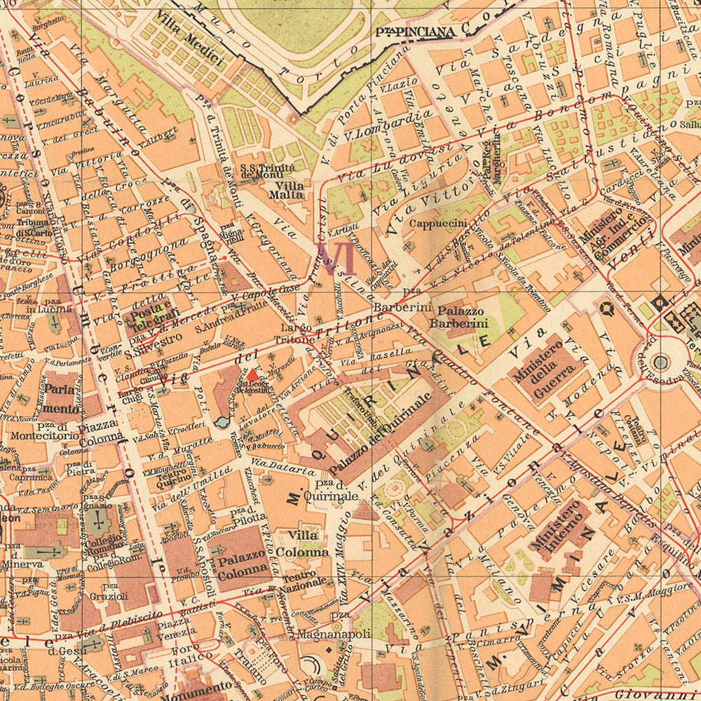 Mapa antiguo raro de Roma, 1921: Vaticano, Coliseo, Fuente de Trevi, Via del Corso, Foro Romano 