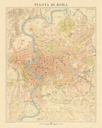 Mapa antiguo raro de Roma, 1921: Vaticano, Coliseo, Fuente de Trevi, Via del Corso, Foro Romano 