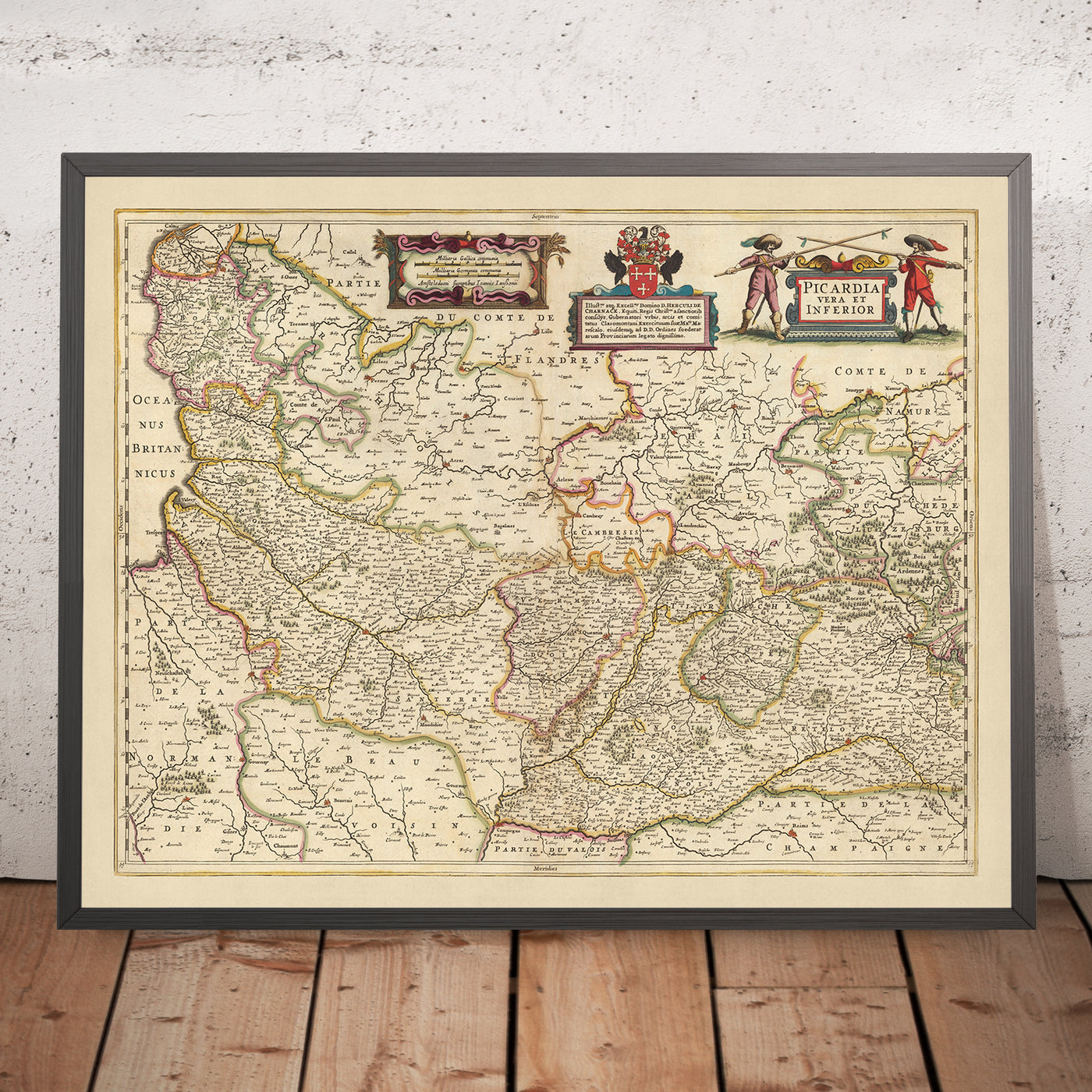 Old Map of Picardy, France by Visscher, 1690: Calais, Lille, Amiens, Reims, Scarpe-Escaut Park