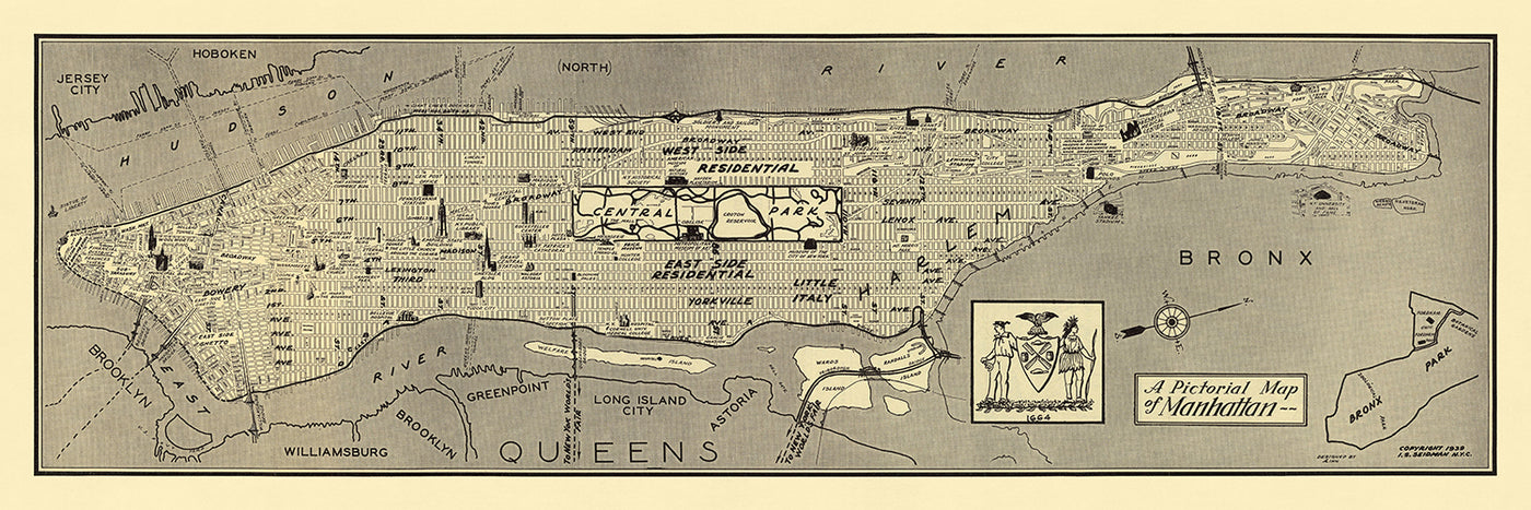 Antiguo mapa pictórico de Manhattan por Seidman, 1939: Central Park, Empire State, Harlem, Times Square, Broadway