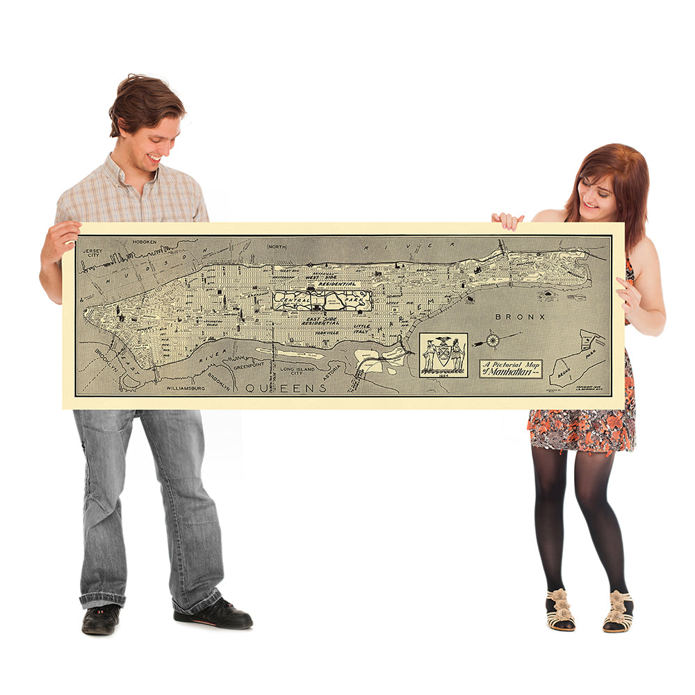 Antiguo mapa pictórico de Manhattan por Seidman, 1939: Central Park, Empire State, Harlem, Times Square, Broadway