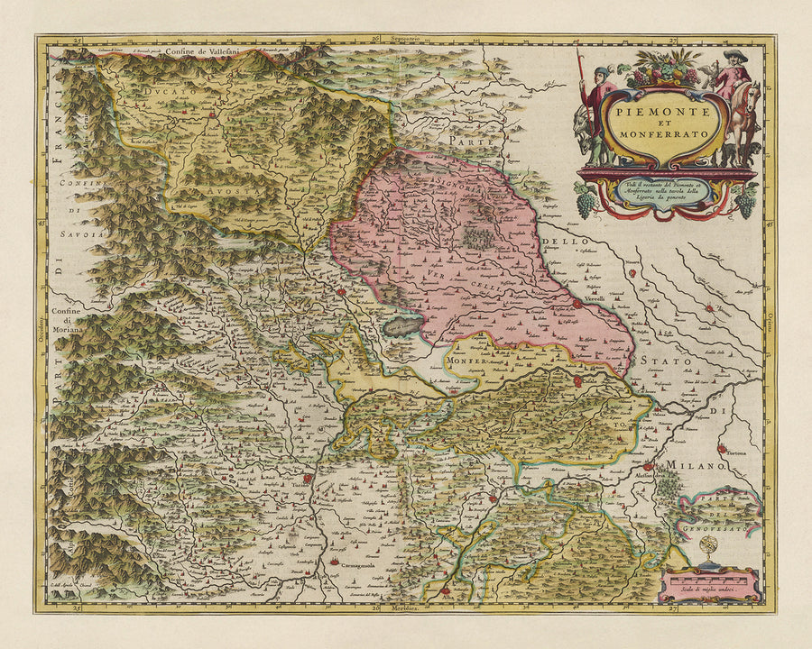 Antica mappa del Piemonte e del Monferrato, Italia di Joan Blaeu, 1665: Torino, Alessandria, Asti, Casale Monferrato, Vercelli 