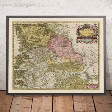 Old Map of Piedmont & Monferrato, Italy by Joan Blaeu, 1665: Turin, Alessandria, Asti, Casale Monferrato, Vercelli
