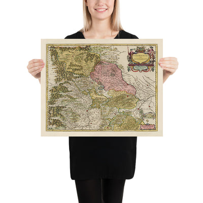 Mapa antiguo de Piamonte y Monferrato, Italia por Joan Blaeu, 1665: Turín, Alessandria, Asti, Casale Monferrato, Vercelli