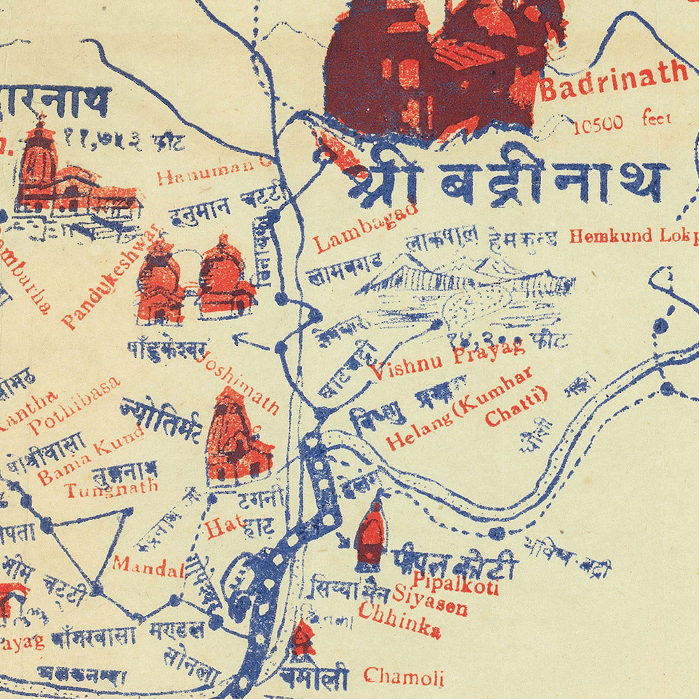 Alte Karte der Uttarakhand-Pilgerfahrt von Singh, 1960: Chota Char Dham, Mt. Kailash, Ganges-Mythos, Badrinath, Kedarnath 