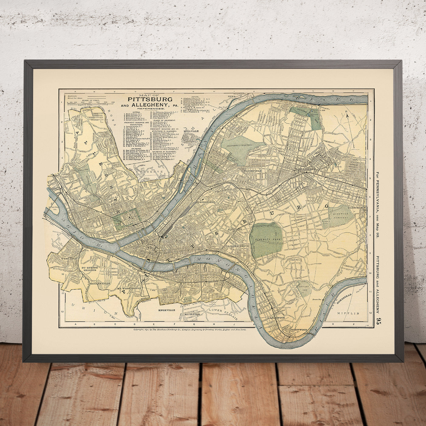 Old Map of Pittsburgh, 1891: Allegheny, East Liberty, Highland Park, Schenley Park, Monongahela River